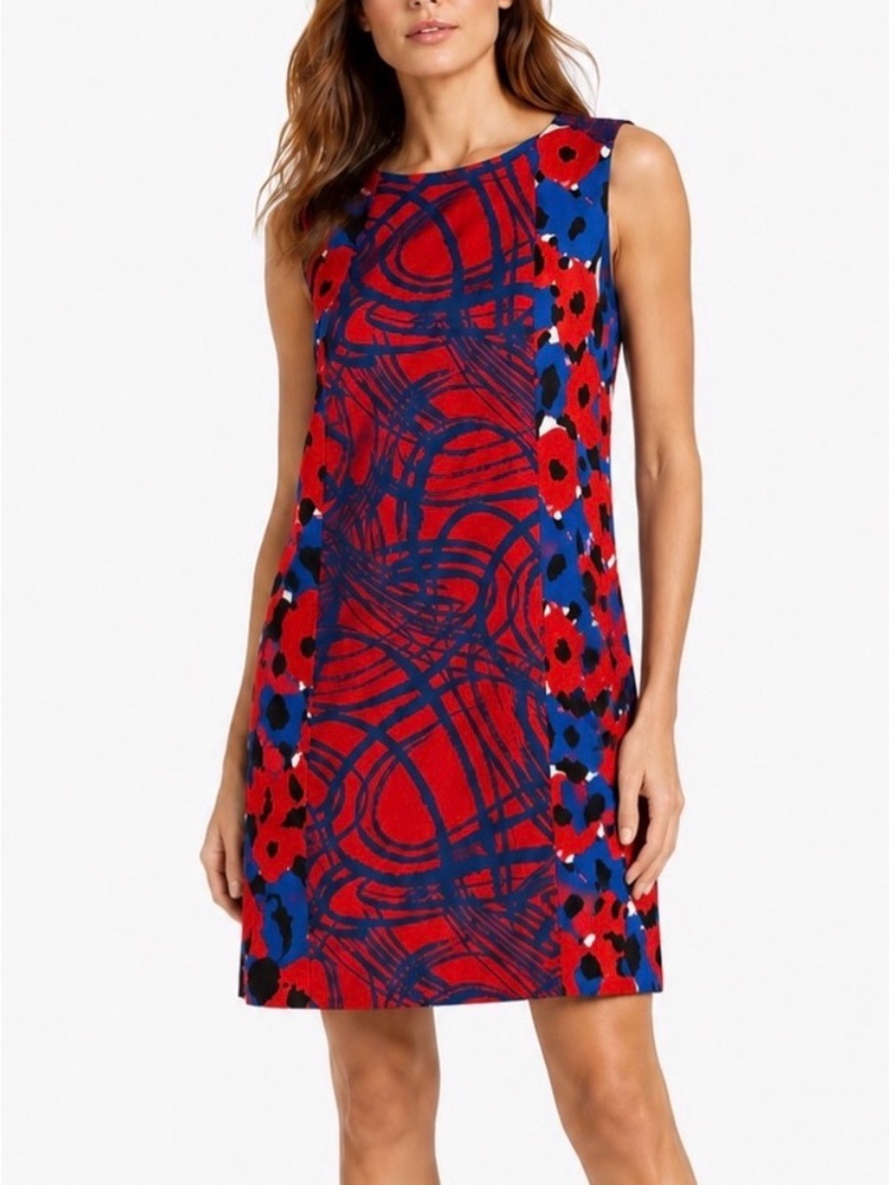 DKNY Silk Red and Blue Print with Red Poppies Sleeveless Dress